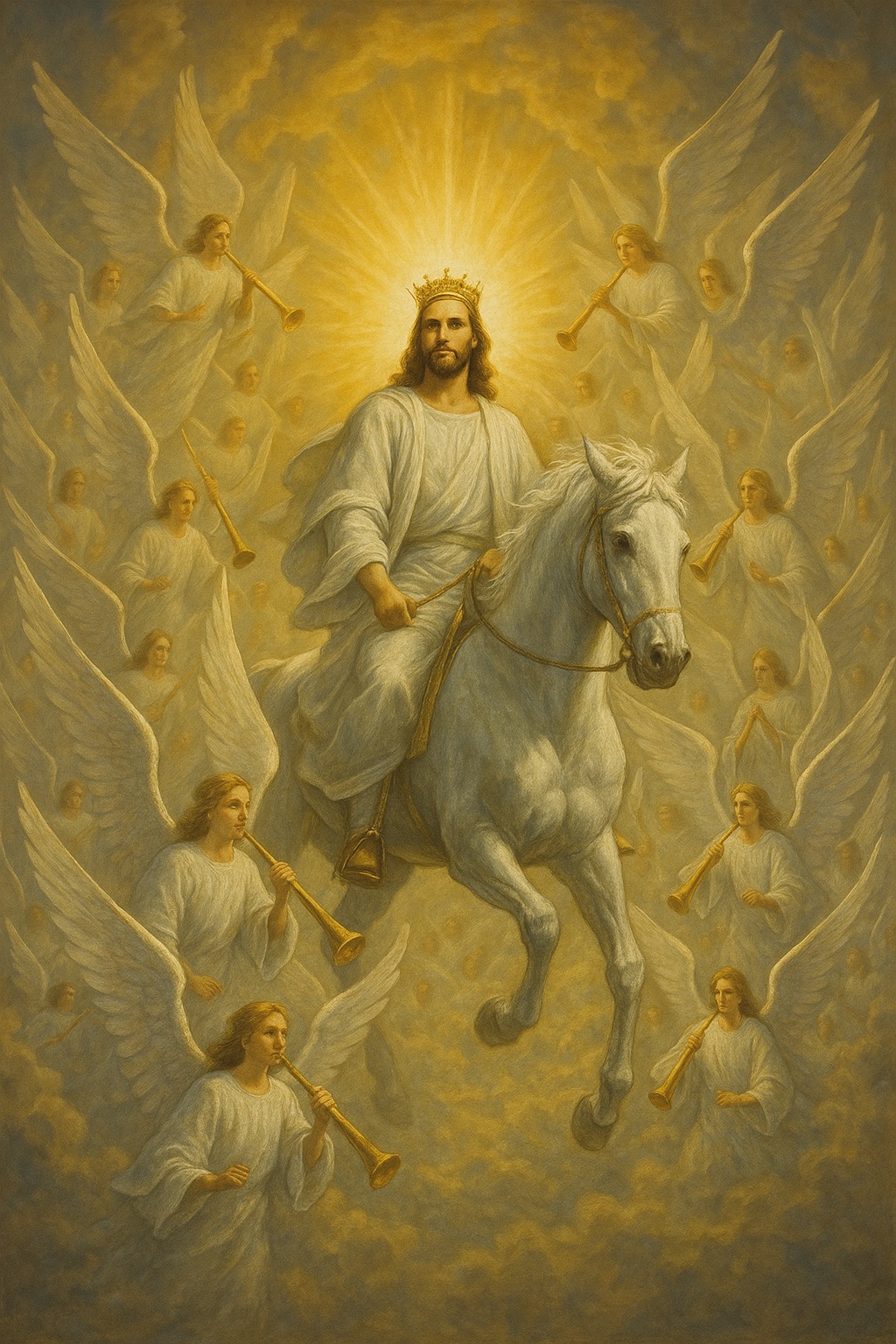 Cristo Rey sobre un caballo blanco, rodeado de ángeles con trompetas